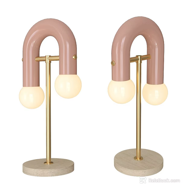 Modern Pink Curved Table Lamp With Golden Stand Wooden Base And White Bulb 3d model 