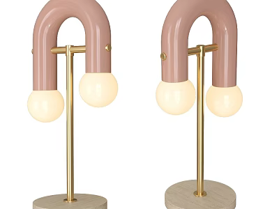 Modern Pink Curved Table Lamp With Golden Stand Wooden Base And White Bulb 3d model