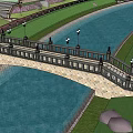 Garden Landscape Design With Arch Bridge Water Railing And Lampposts