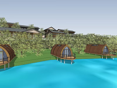 Scenic Lakefront Hotel Building With Dome Shaped Wooden Cabins Surrounded by Green Trees 3d model