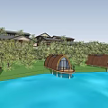 Scenic Lakefront Hotel Building With Dome Shaped Wooden Cabins Surrounded by Green Trees