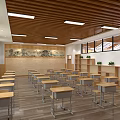 School Classroom Interior With Wooden Ceiling Desks Chairs Blackboard Windows And Green Plants