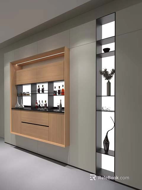 Modern Wooden Sideboard With Glass Doors Wine Bottles Decor Items And Open Shelves 3d model 