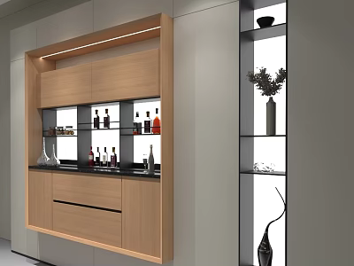 Modern Wooden Sideboard With Glass Doors Wine Bottles Decor Items And Open Shelves 3d model