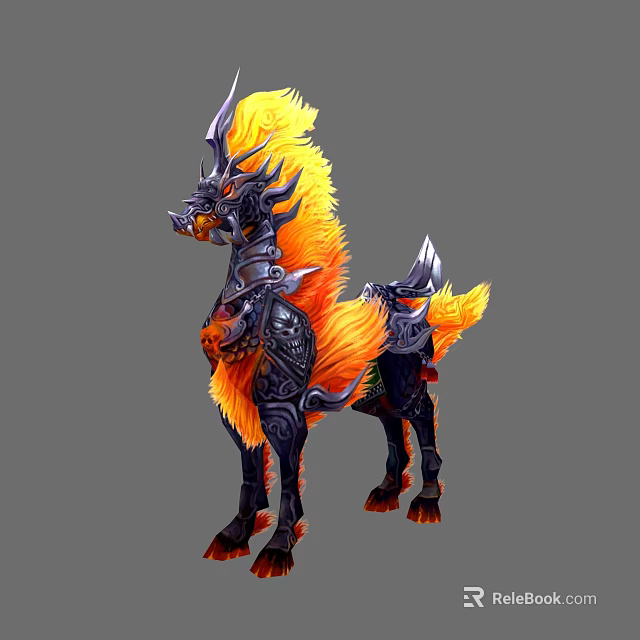 Mythical Fantasy Creature With Black Orange Flaming Mane Tail And Decorative Armor 3d model 