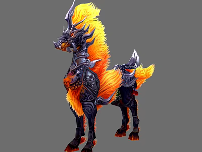 Mythical Fantasy Creature With Black Orange Flaming Mane Tail And Decorative Armor 3d model