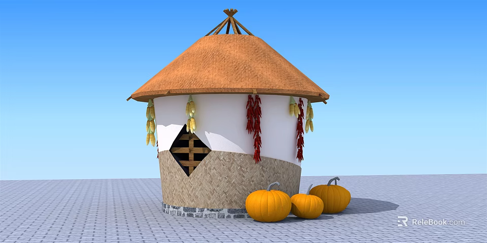 Traditional Thatched Roof Hut With Hanging Corn Red Chili Peppers And Pumpkins 3d model 