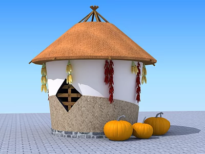Traditional Thatched Roof Hut With Hanging Corn Red Chili Peppers And Pumpkins 3d model