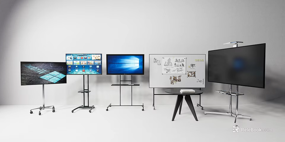 Various Types Of Televisions With Stands Next To Whiteboards Displaying Blue Backgrounds And Charts 3d model 