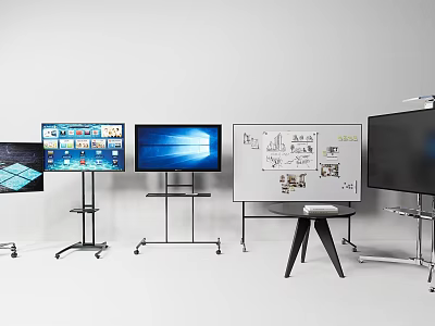Various Types Of Televisions With Stands Next To Whiteboards Displaying Blue Backgrounds And Charts 3d model