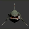 Mutant Shark 3D Model With Green Body Red Teeth And Claws On Gray Background