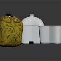 Essential Household Items With Yellow Patterned Bag Silver Lidded Container And Silver Handled Cup
