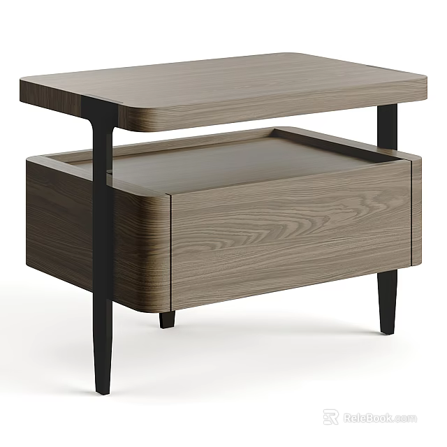 Modern Wooden Bedside Table With Drawer Black Legs And Wood Grain Design 3d model 