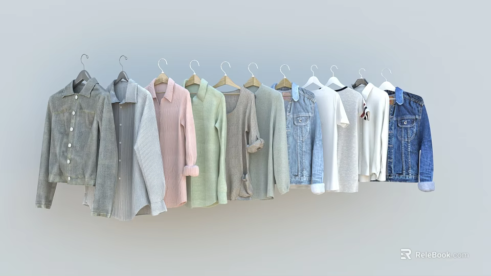 Stylish Hanging Clothes Various Styles Pastel Light Colors Shirts Denim Jackets T-shirts on Hangers 3d model 