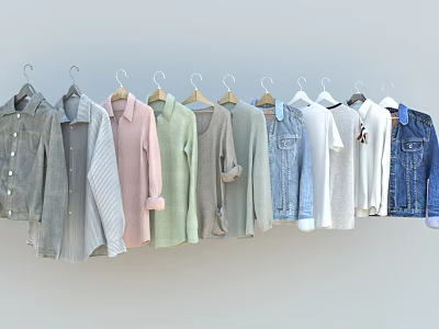 Stylish Hanging Clothes Various Styles Pastel Light Colors Shirts Denim Jackets T-shirts on Hangers 3d model