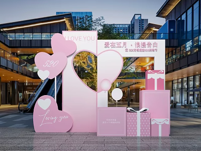 Heart Shaped Pink Inflatable Decor With LOVE YOU Text And Gift Boxes For Mall Event 3d model