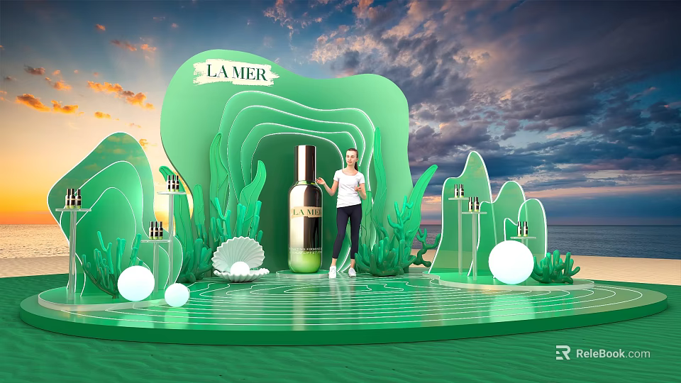 LA MER Skincare Display Featuring Green Sculptural Installation Figure Shells And Seaside View 3d model 