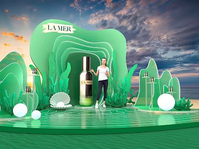 LA MER Skincare Display Featuring Green Sculptural Installation Figure Shells And Seaside View 3d model