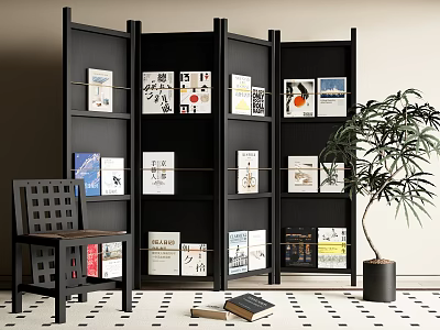 Black Bookshelf Style Room Divider With Books Posters And Green Plant In Modern Interior 3d model