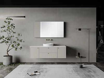 Modern Minimalist White Bathroom Vanity Cabinet With Wall Mounted Mirror Green Plant And Floor Lamp 3d model