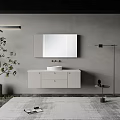 Modern Minimalist White Bathroom Vanity Cabinet With Wall Mounted Mirror Green Plant And Floor Lamp