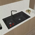 Black Double Bowl Kitchen Sink With Faucet On Light Countertop And Fruits