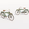 Two Vintage Green Bicycles With Brown Leather Seats And Classic Frames