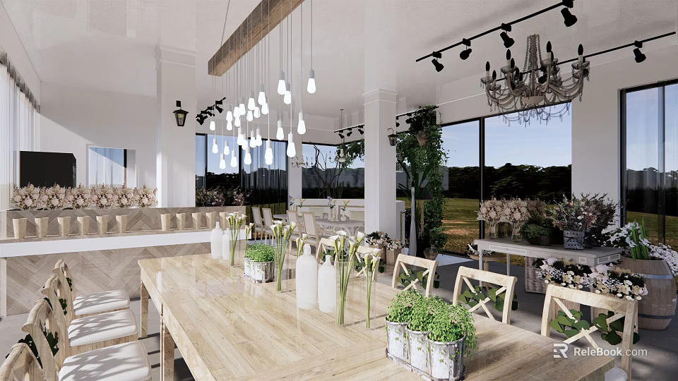 Elegant Boutique Store Interior With Wooden Table Green Plants Hanging Lights And Decorative Flowers 3d model 