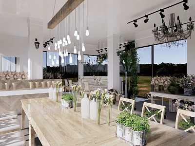 Elegant Boutique Store Interior With Wooden Table Green Plants Hanging Lights And Decorative Flowers 3d model