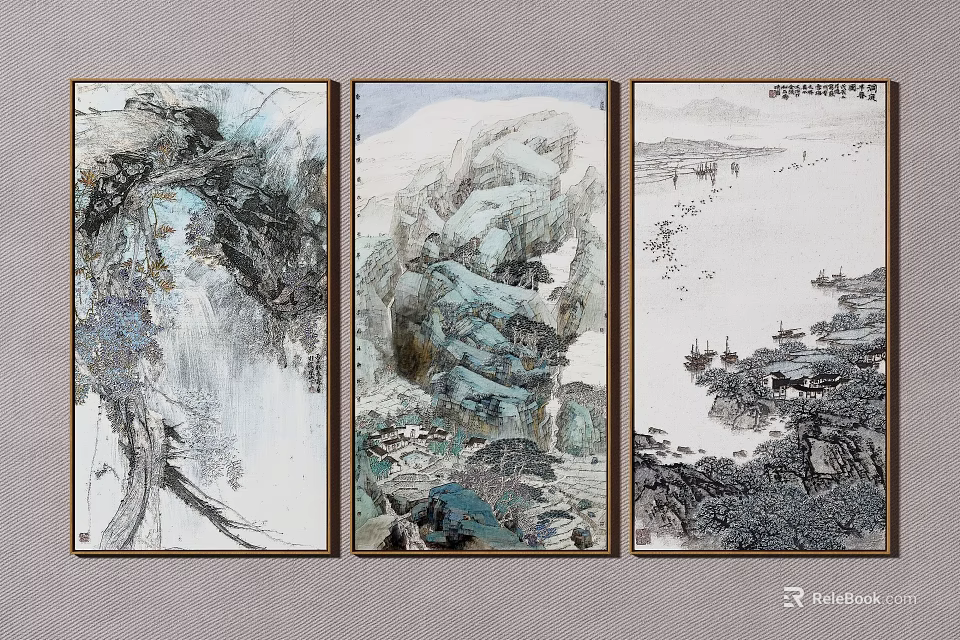 Traditional Chinese Landscape Painting Triptych with Mountain Rocks Water Streams Trees and Boats 3d model 