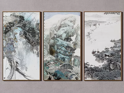 Traditional Chinese Landscape Painting Triptych with Mountain Rocks Water Streams Trees and Boats 3d model
