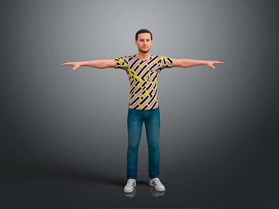 Standing Man With Arms Outstretched In Striped T Shirt Blue Jeans White Sneakers Gray Background 3d model