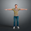 Standing Man With Arms Outstretched In Striped T Shirt Blue Jeans White Sneakers Gray Background