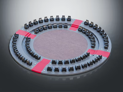 Black Circular Seating Furniture with Red Accents Around Central Platform 3d model