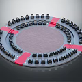 Black Circular Seating Furniture with Red Accents Around Central Platform