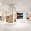 Modern Reception Area Interior With Geometric Wooden Walls White Desk Computers And Sofas