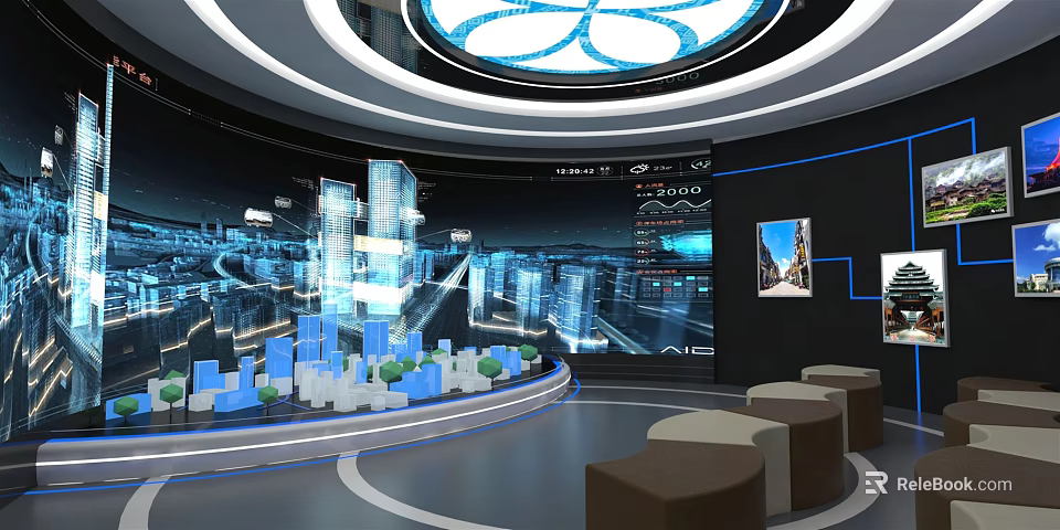 Futuristic Exhibition Hall With Digital City Display 3D Models And Interactive Screens 3d model 