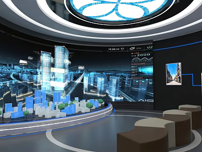 Futuristic Exhibition Hall With Digital City Display 3D Models And Interactive Screens 3d model