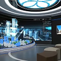 Futuristic Exhibition Hall With Digital City Display 3D Models And Interactive Screens