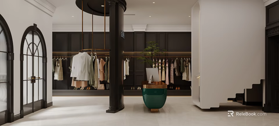 Modern Clothing Store Interior With Black Walls Hanging Clothes Black Pillar And Green Potted Plant 3d model 