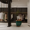 Modern Clothing Store Interior With Black Walls Hanging Clothes Black Pillar And Green Potted Plant