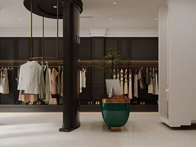 Modern Clothing Store Interior With Black Walls Hanging Clothes Black Pillar And Green Potted Plant 3d model