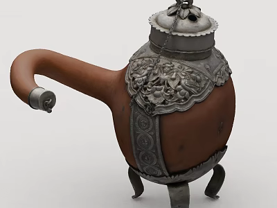 Traditional Brown Pot With Curved Spout Ornate Metal Decorations and Three Legs 3d model