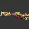 Decorative Fantasy Weapon with Golden Blue Red Ornate Design Spiked Details and Intricate Patterns