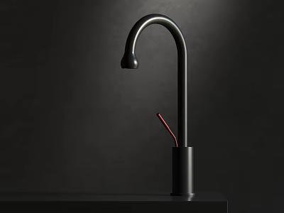 Black Curved Faucet on Dark Surface with Red Pen in Base 3d model