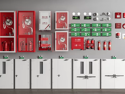 Fire Safety Equipment Display With Red Cabinets Extinguishers Alarms And Signs On Gray Wall 3d model