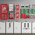 Fire Safety Equipment Display With Red Cabinets Extinguishers Alarms And Signs On Gray Wall