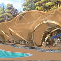 Curved Golden Pergola With Poolside Trees And Mountain View In Outdoor Leisure Space