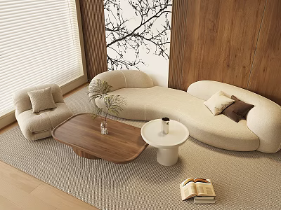 Modern Beige Curved Sofa and Wooden Coffee Table with Plant Rug and Wall Art in Lounge Area 3d model