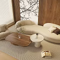 Modern Beige Curved Sofa and Wooden Coffee Table with Plant Rug and Wall Art in Lounge Area